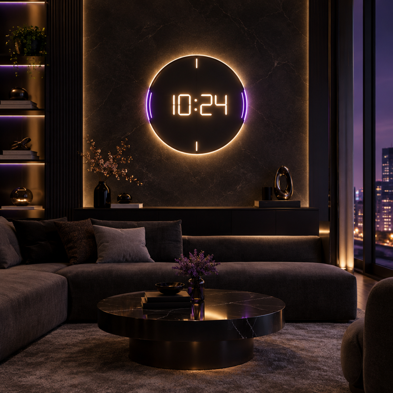Modern illuminated LED wall clock in a dark luxury living room