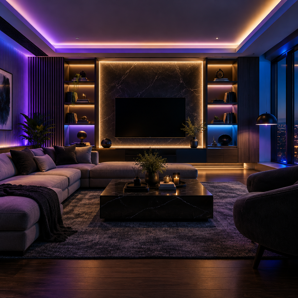 Dark luxury living room illuminated with layered ambient LED mood lighting