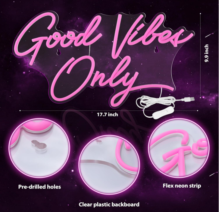 Good Vibes Only Neon Signs for Wall Decor 17.7" x 9.9" | Pink Good Vibes Only LED Sign