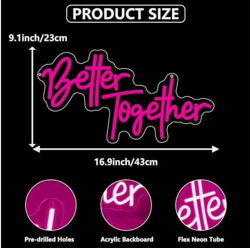 Better Together Neon Sign 16.9" x 9.1" - USB Powered LED Neon Light