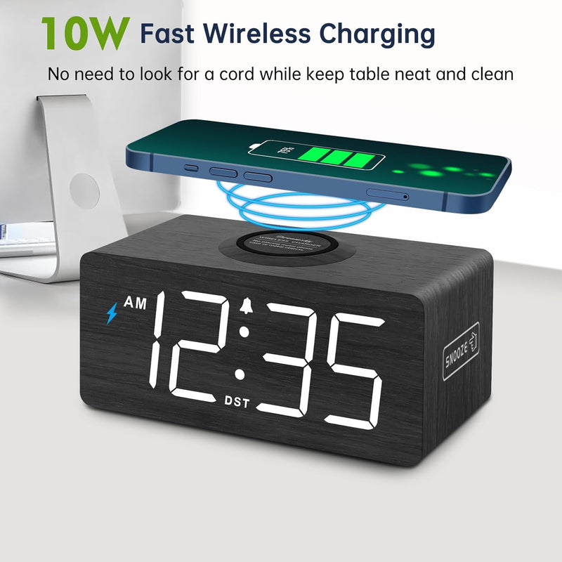 Wireless Charging LED Alarm Clock – Modern Bedroom Clock with Night Light