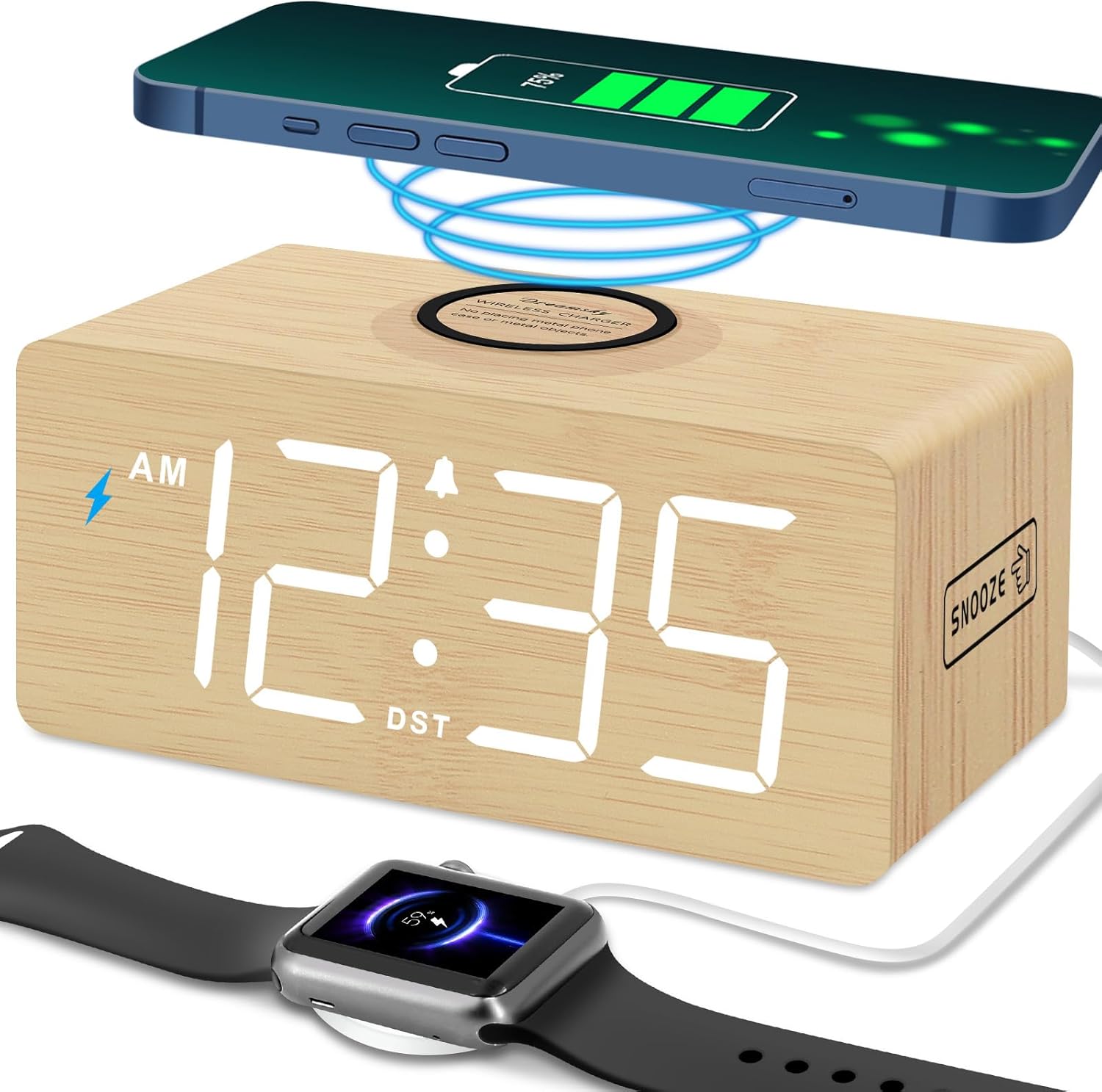 Wireless Charging LED Alarm Clock – Modern Bedroom Clock with Night Light