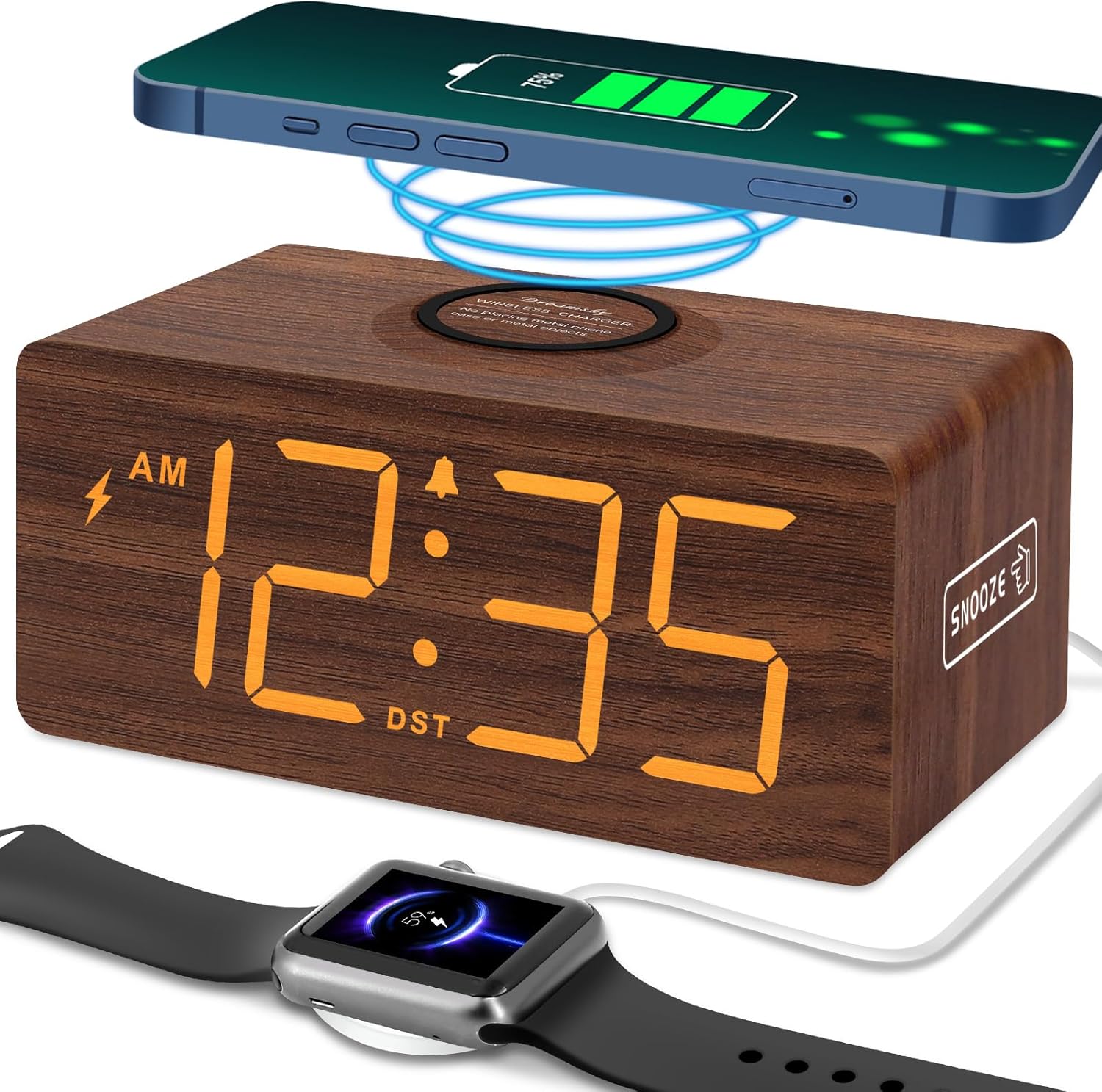 Wireless Charging LED Alarm Clock – Modern Bedroom Clock with Night Light