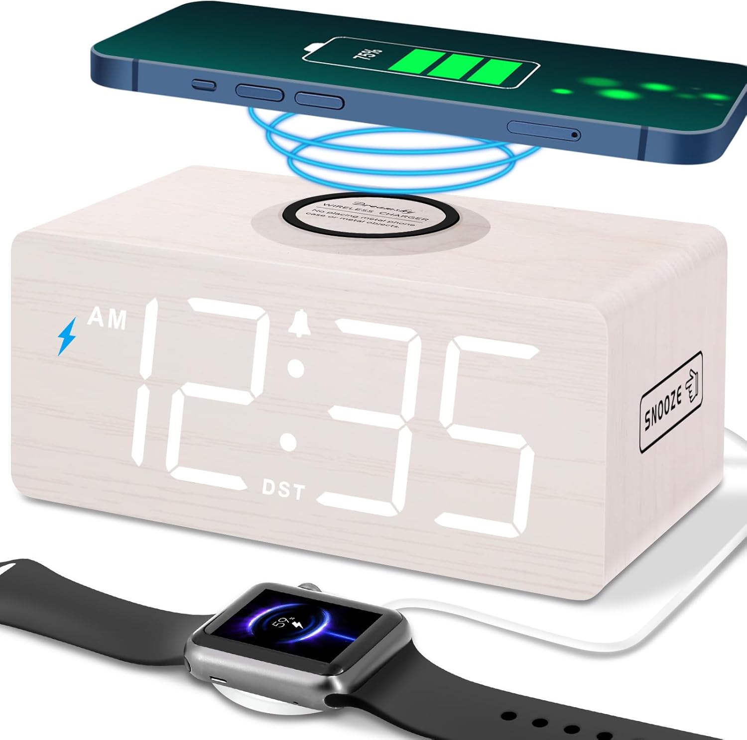 Wireless Charging LED Alarm Clock – Modern Bedroom Clock with Night Light
