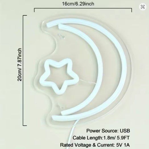 Moon & Stars LED Neon Sign - Aesthetic Wall Decor for Bedroom, Nursery & Room Setup