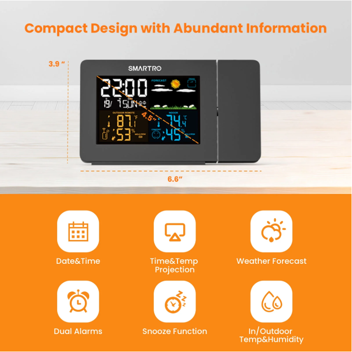 Smart LED Projection Clock – Digital Alarm Clock with Indoor Outdoor Thermometer