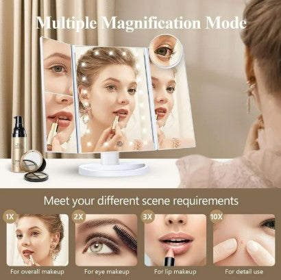 LED Tri-Fold Makeup Mirror - Lighted Vanity Mirror for Bedroom, Dressing Table & Beauty Room