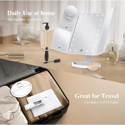 LED Tri-Fold Makeup Mirror - Lighted Vanity Mirror for Bedroom, Dressing Table & Beauty Room