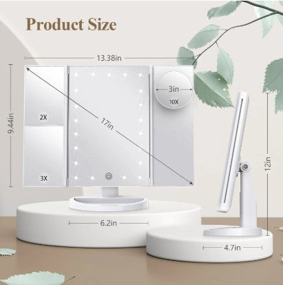LED Tri-Fold Makeup Mirror - Lighted Vanity Mirror for Bedroom, Dressing Table & Beauty Room