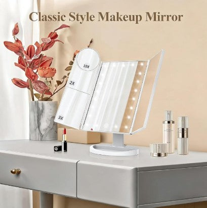 LED Tri-Fold Makeup Mirror - Lighted Vanity Mirror for Bedroom, Dressing Table & Beauty Room