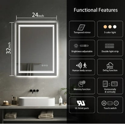 Smart LED Bathroom Mirror 24" x 32" - Lighted Vanity Mirror with Touch Control for Home & Bathroom