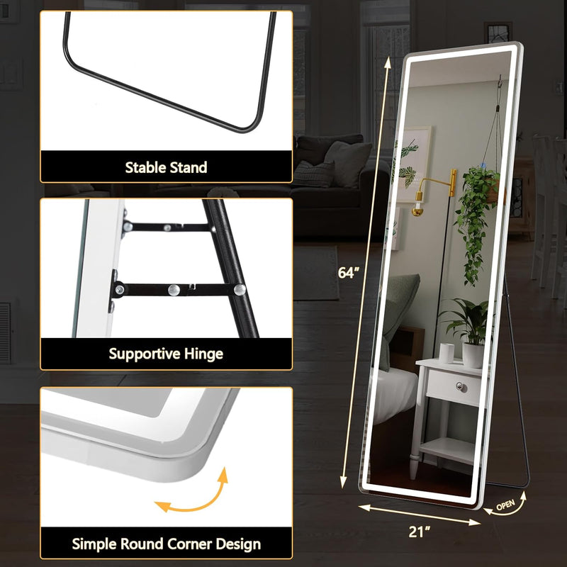 Full-Length LED Floor Mirror - Lighted Standing Mirror for Bedroom, Dressing Room & Home
