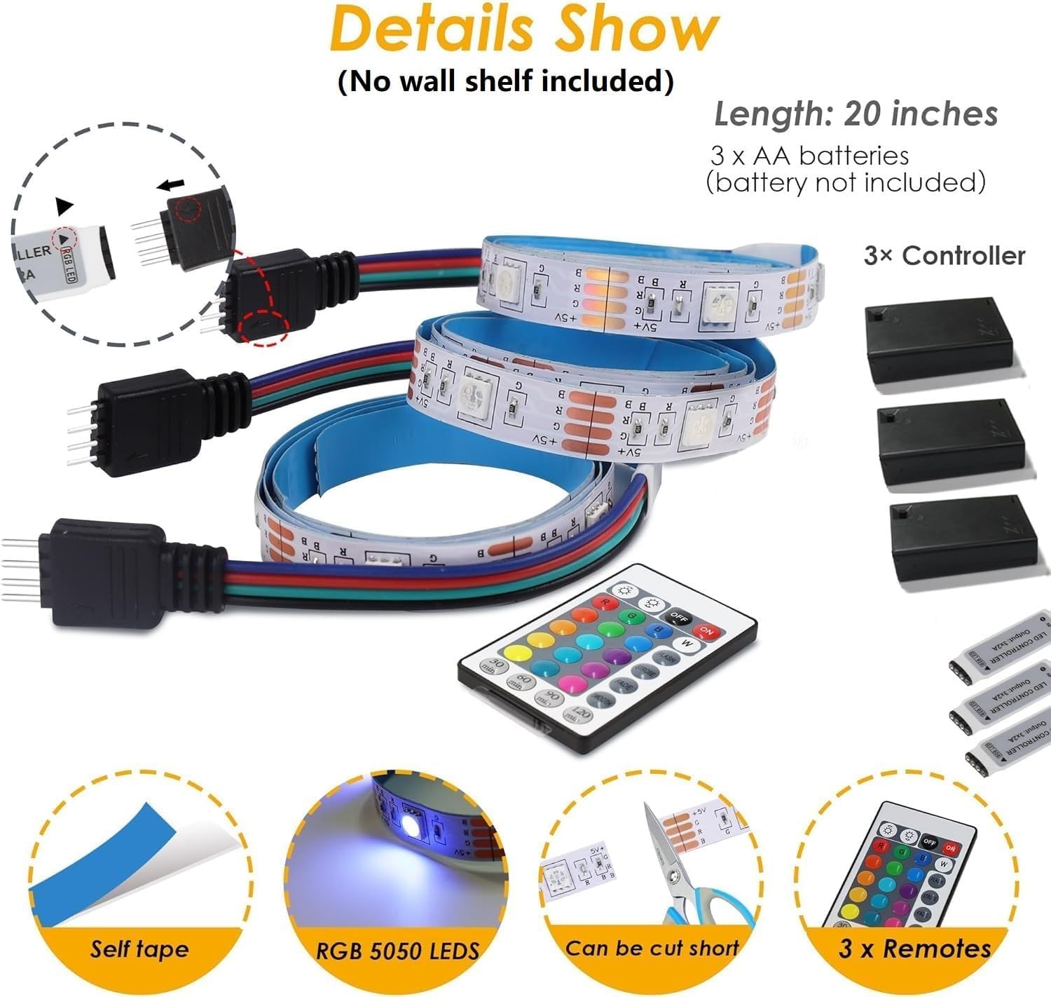 RGB LED Floating Shelves (Set of 3) – Color Changing Wall Display Shelves for Home & Gaming Room