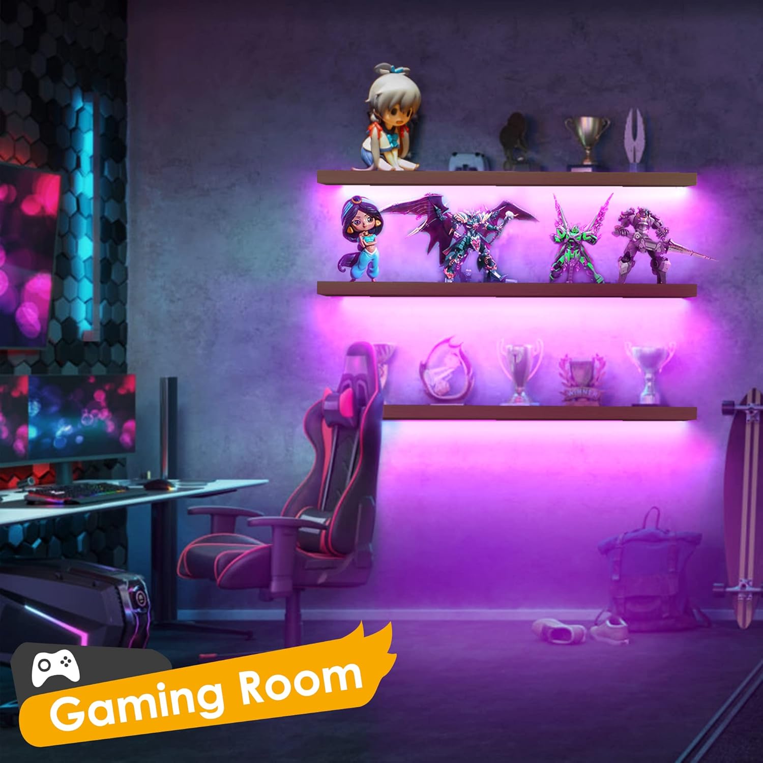 RGB LED Floating Shelves (Set of 3) – Color Changing Wall Display Shelves for Home & Gaming Room
