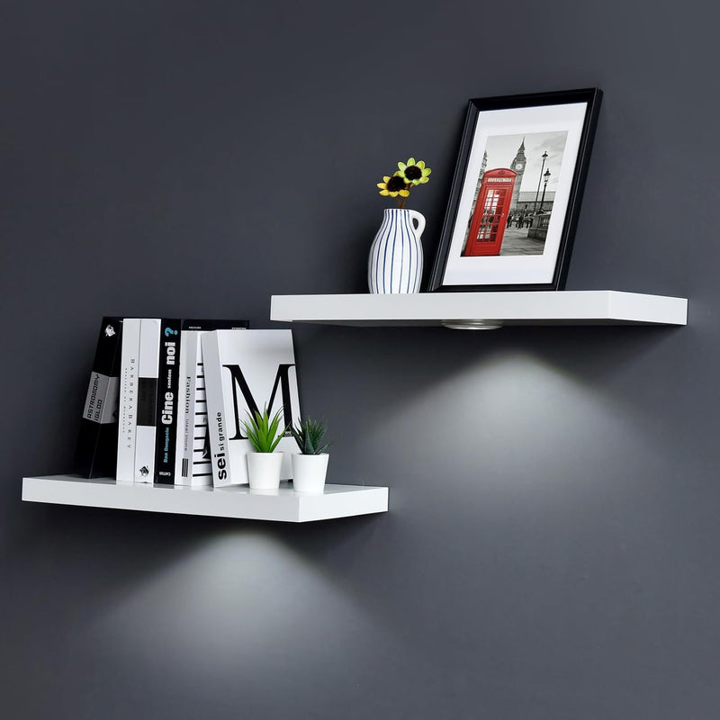 White LED Floating Shelf 24in – Wall Mounted LED Display Shelf for Home & Bedroom Decor
