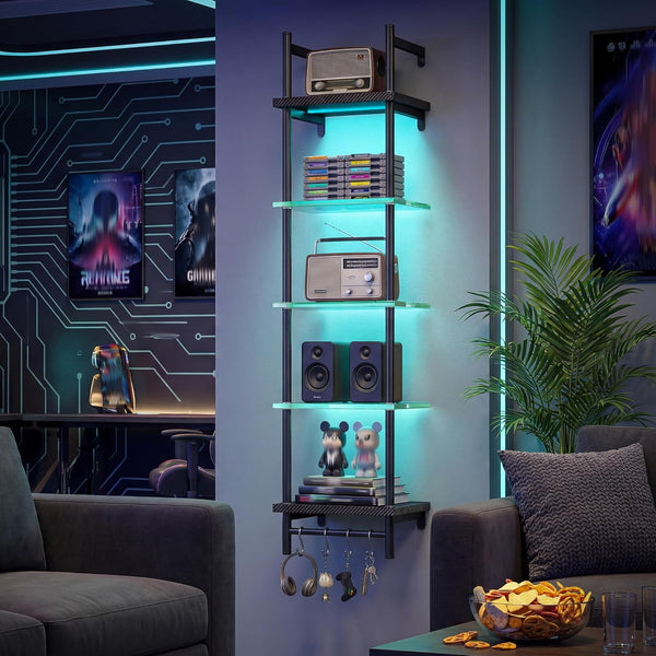 5-Tier Glass LED Display Shelf – Floating Wall Shelf with LED Lighting for Home & Bedroom Decor