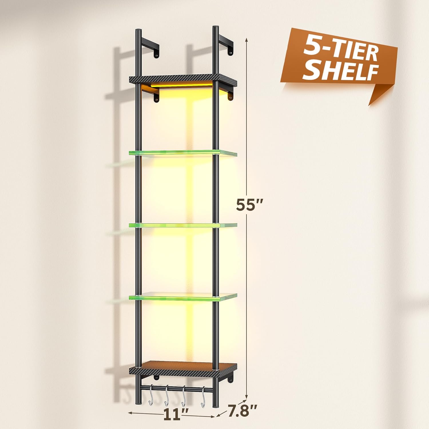 5-Tier Glass LED Display Shelf – Floating Wall Shelf with LED Lighting for Home & Bedroom Decor