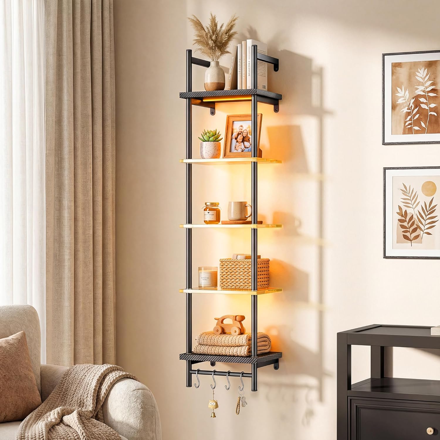 5-Tier Glass LED Display Shelf – Floating Wall Shelf with LED Lighting for Home & Bedroom Decor