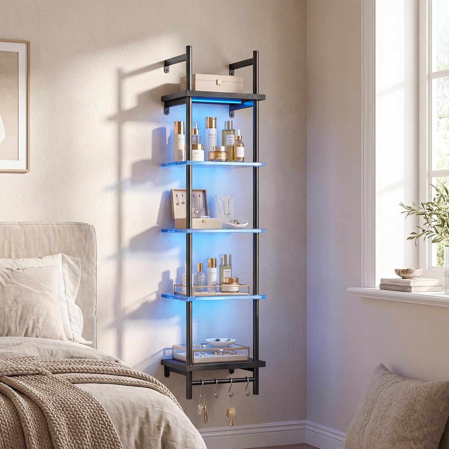 5-Tier Glass LED Display Shelf – Floating Wall Shelf with LED Lighting for Home & Bedroom Decor