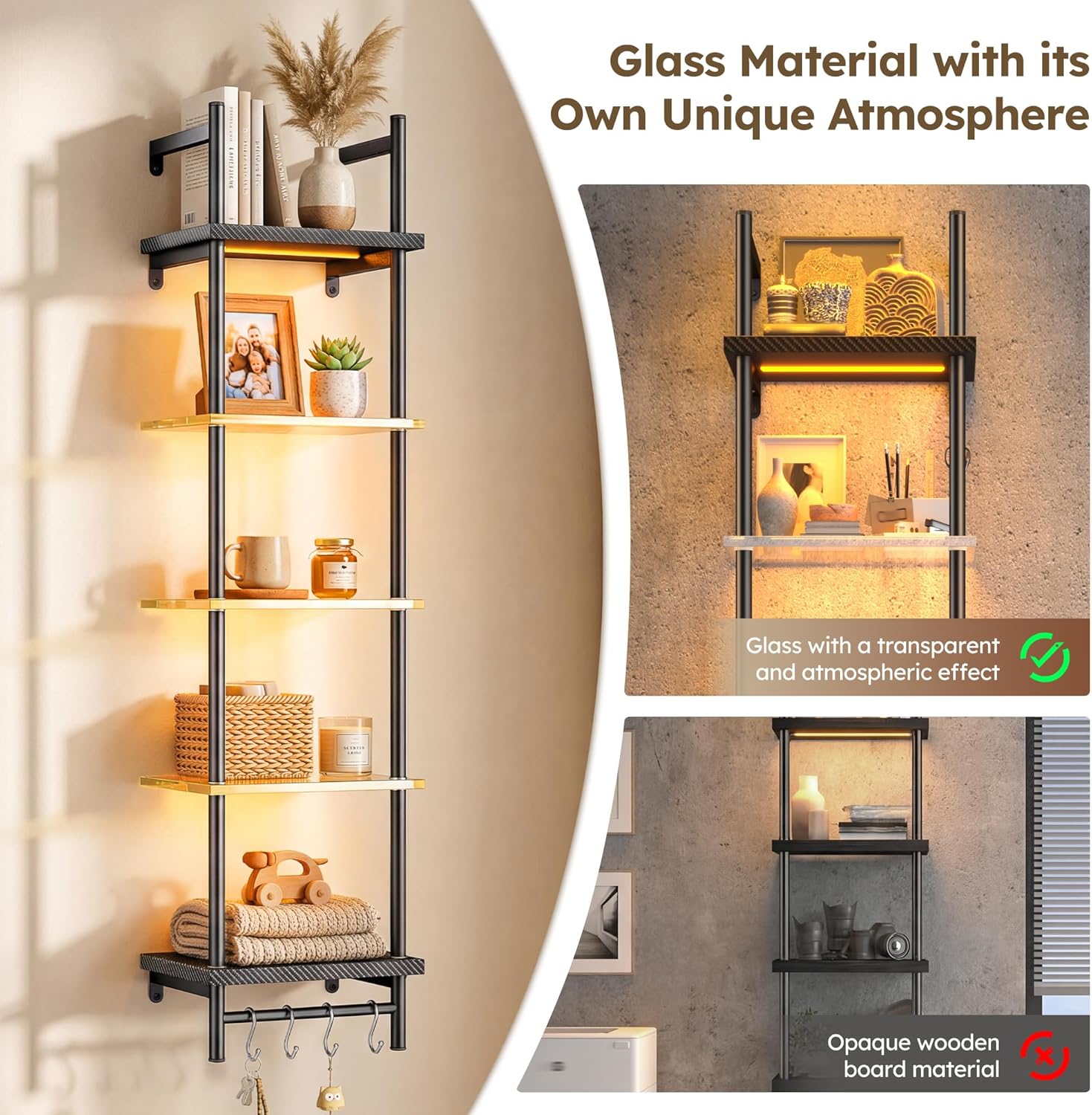5-Tier Glass LED Display Shelf – Floating Wall Shelf with LED Lighting for Home & Bedroom Decor