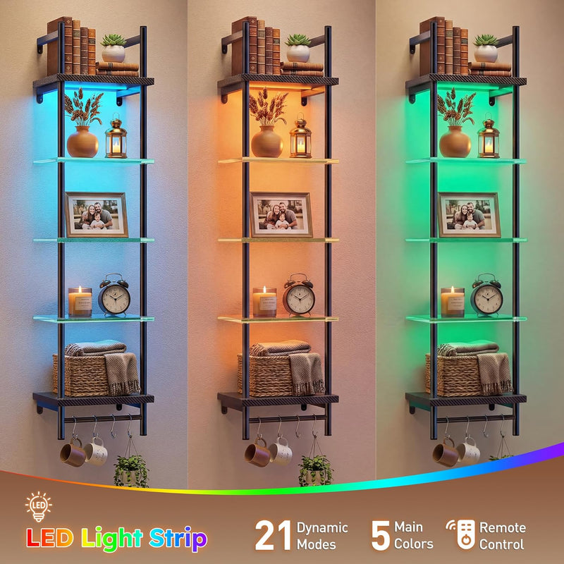 5-Tier Glass LED Display Shelf – Floating Wall Shelf with LED Lighting for Home & Bedroom Decor