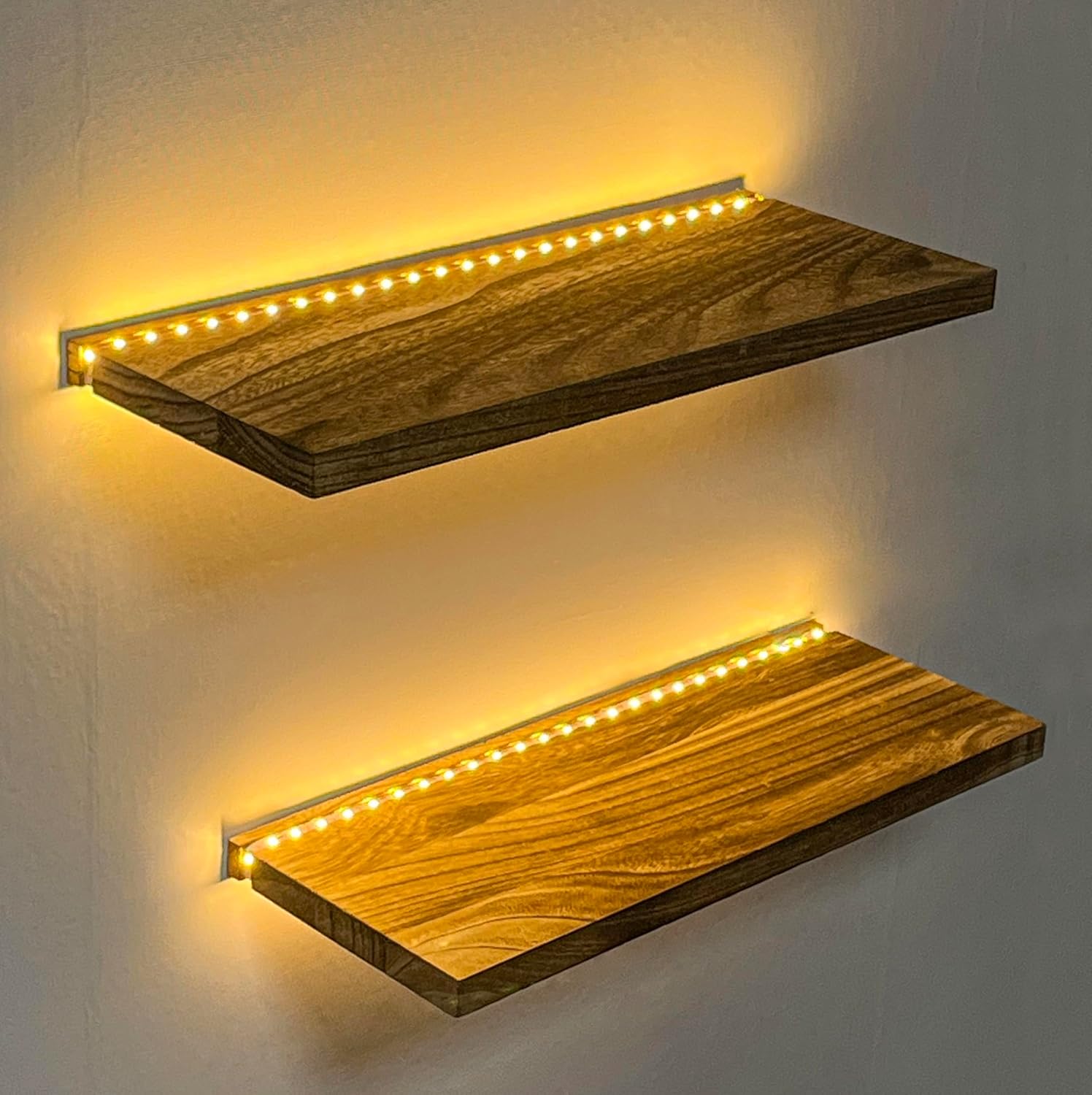 Rustic Wood LED Floating Shelf Set of 2 – Modern Wall Mounted Lighted Display Shelf for Home Decor