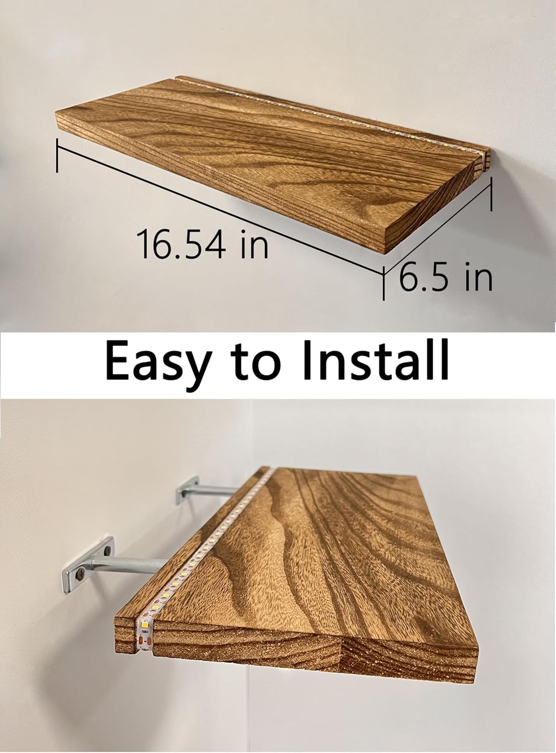 Rustic Wood LED Floating Shelf Set of 2 – Modern Wall Mounted Lighted Display Shelf for Home Decor