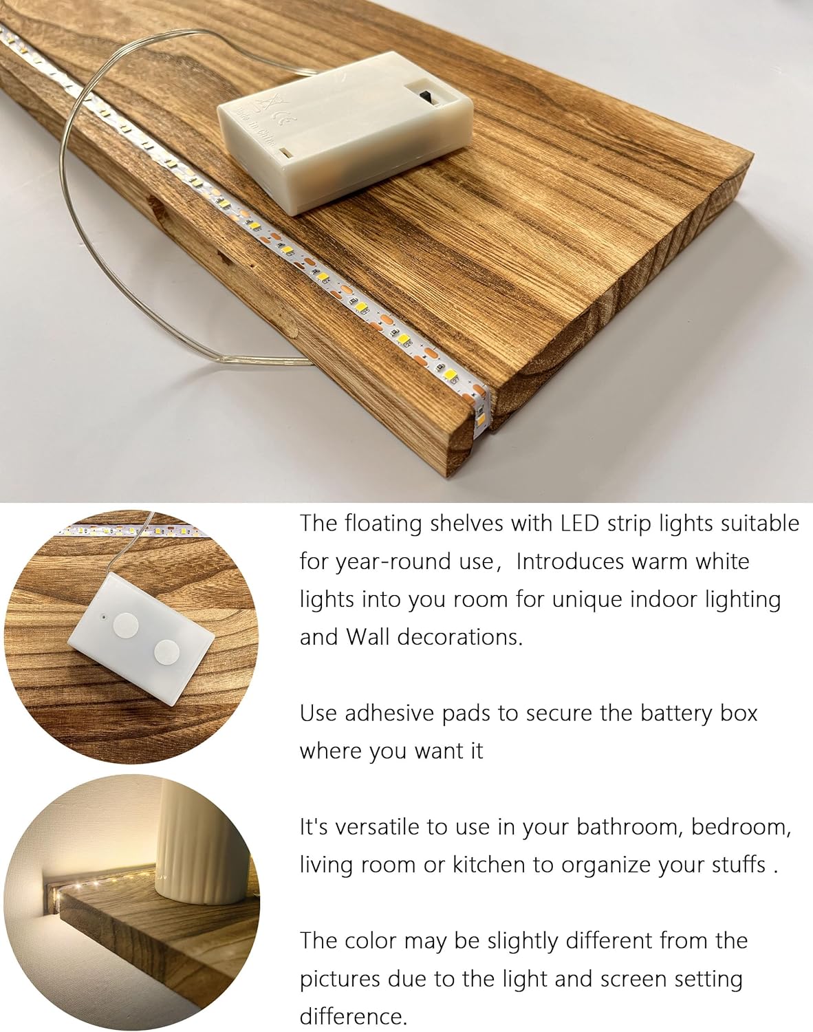 Rustic Wood LED Floating Shelf Set of 2 – Modern Wall Mounted Lighted Display Shelf for Home Decor