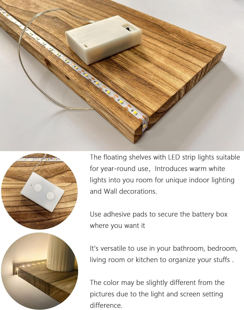 Rustic Wood LED Floating Shelf Set of 2 – Modern Wall Mounted Lighted Display Shelf for Home Decor