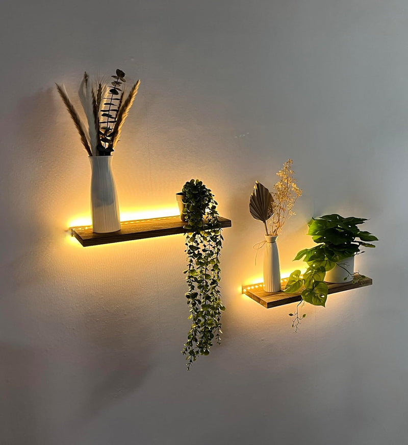 Rustic Wood LED Floating Shelf Set of 2 – Modern Wall Mounted Lighted Display Shelf for Home Decor