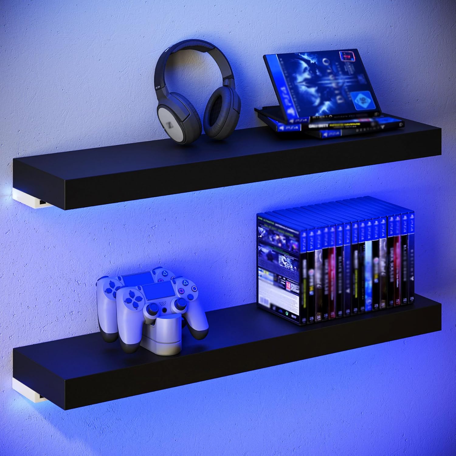 Black LED Floating Shelves (Set of 2) – Modern Wall Mounted Display Shelves with Ambient Lighting