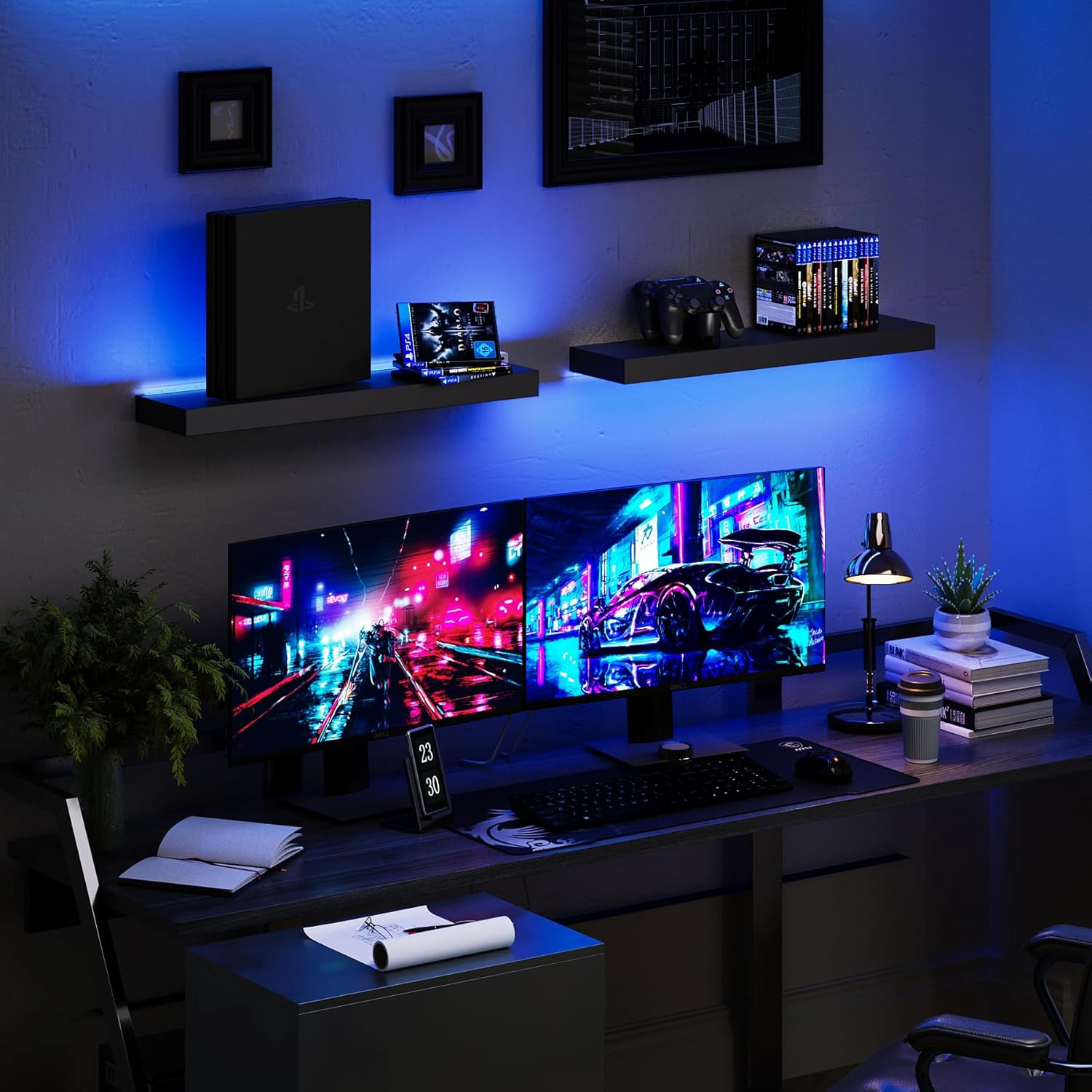 Black LED Floating Shelves (Set of 2) – Modern Wall Mounted Display Shelves with Ambient Lighting