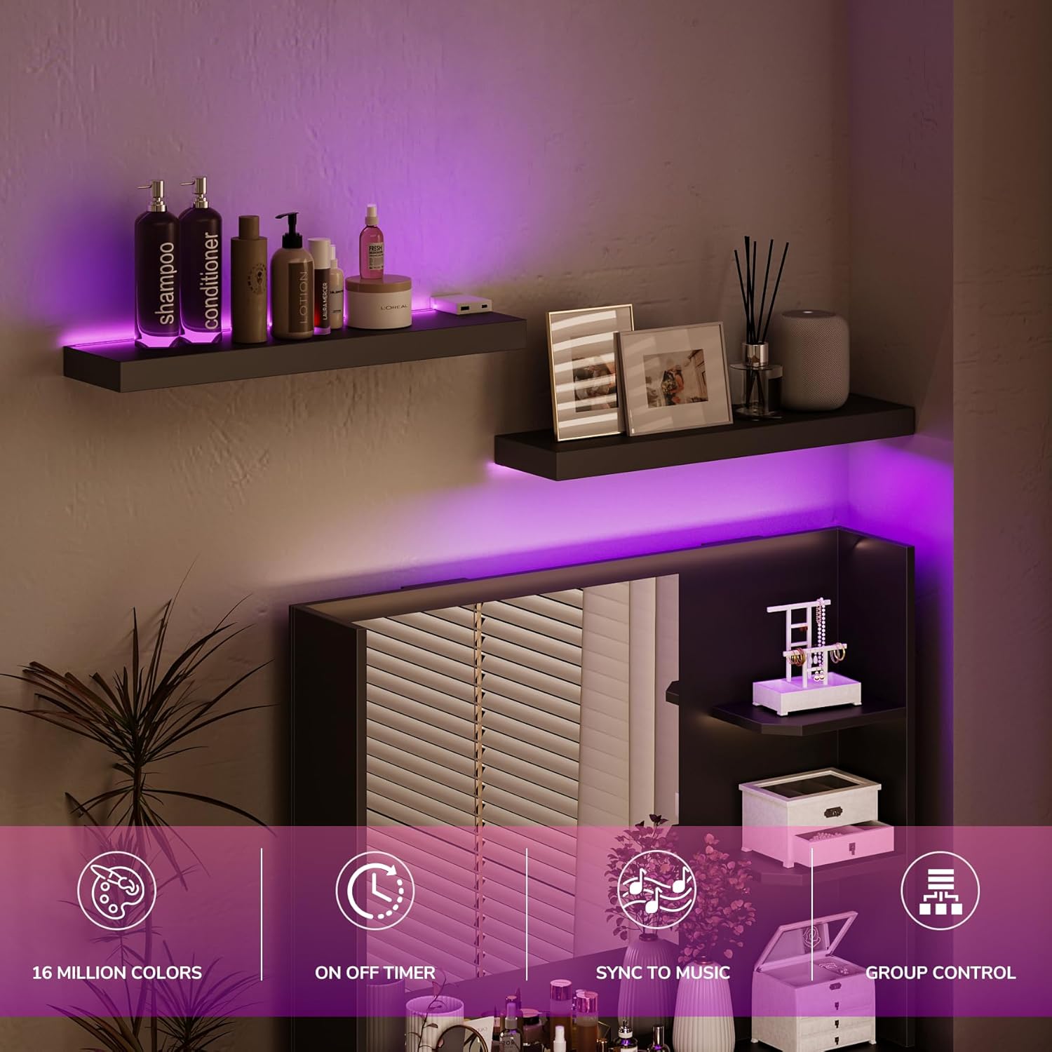 Black LED Floating Shelves (Set of 2) – Modern Wall Mounted Display Shelves with Ambient Lighting