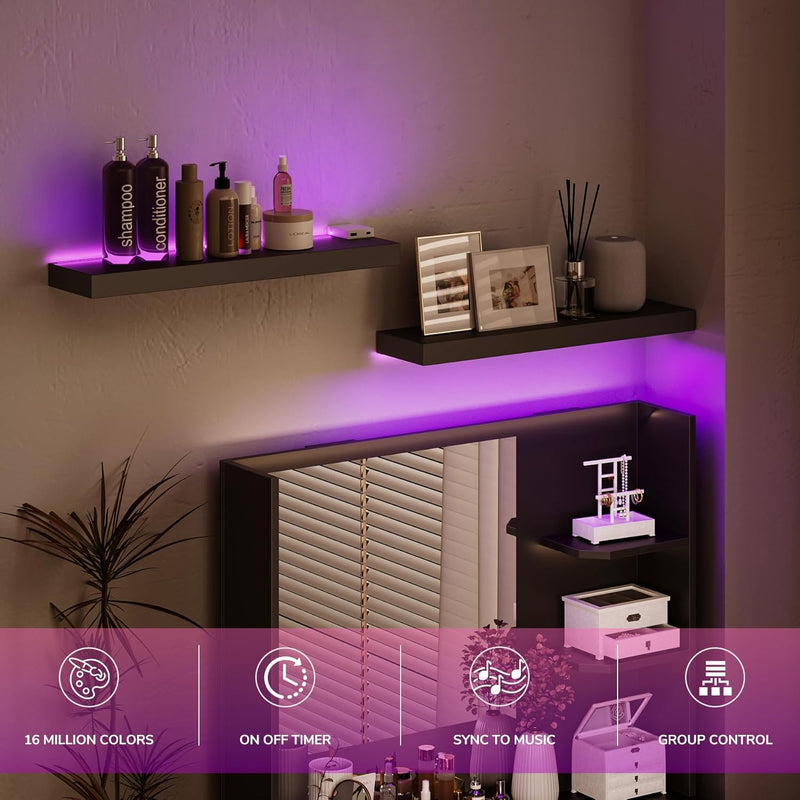 Black LED Floating Shelves (Set of 2) – Modern Wall Mounted Display Shelves with Ambient Lighting