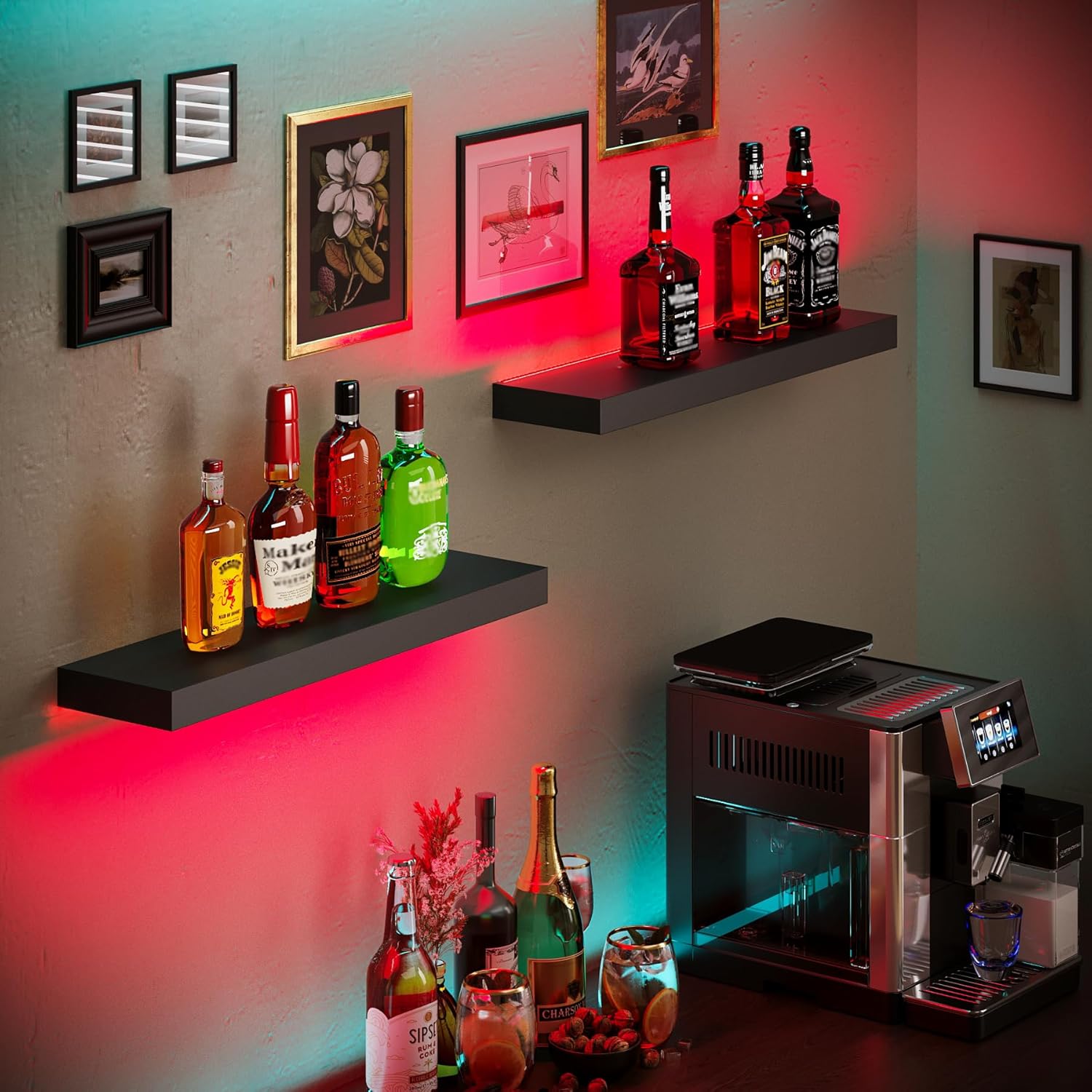 Black LED Floating Shelves (Set of 2) – Modern Wall Mounted Display Shelves with Ambient Lighting