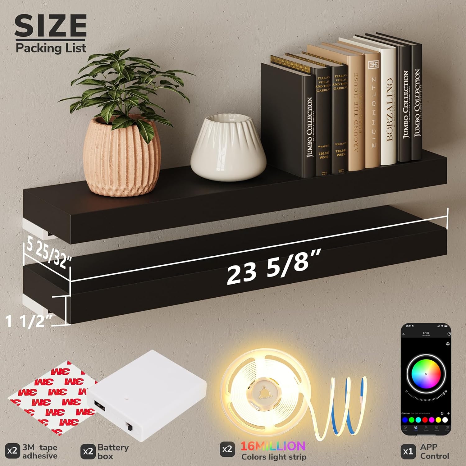 Black LED Floating Shelves (Set of 2) – Modern Wall Mounted Display Shelves with Ambient Lighting