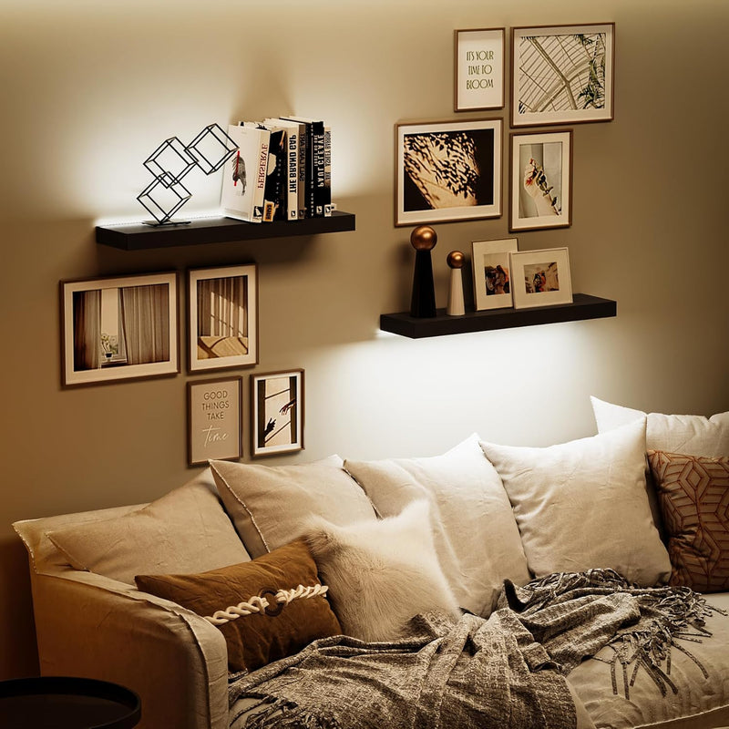 Black LED Floating Shelves (Set of 2) – Modern Wall Mounted Display Shelves with Ambient Lighting