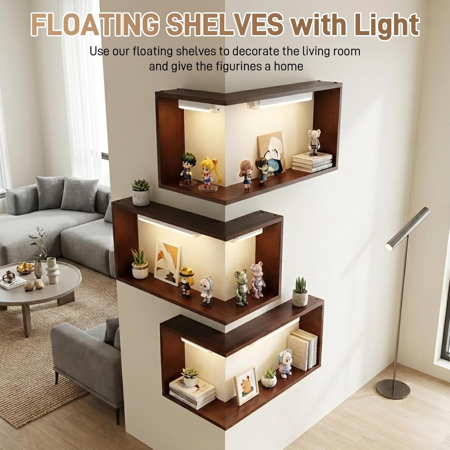 LED Illuminated Corner Shelf (Set of 3) – Modern Floating Corner Wall Shelf with Ambient Lighting