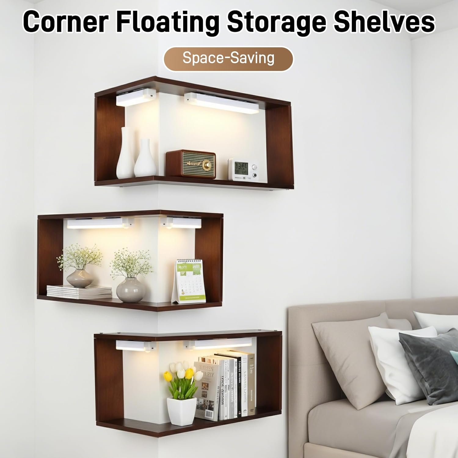 LED Illuminated Corner Shelf (Set of 3) – Modern Floating Corner Wall Shelf with Ambient Lighting