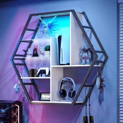 Hexagon LED Wall Shelves – Modern Floating Honeycomb Display Shelves with Ambient Lighting