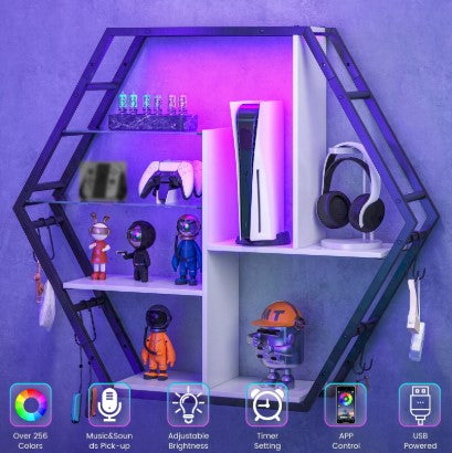 Hexagon LED Wall Shelves – Modern Floating Honeycomb Display Shelves with Ambient Lighting