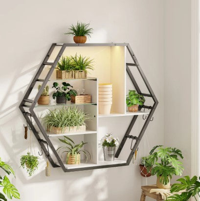 Hexagon LED Wall Shelves – Modern Floating Honeycomb Display Shelves with Ambient Lighting