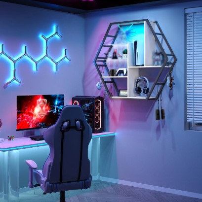 Hexagon LED Wall Shelves – Modern Floating Honeycomb Display Shelves with Ambient Lighting