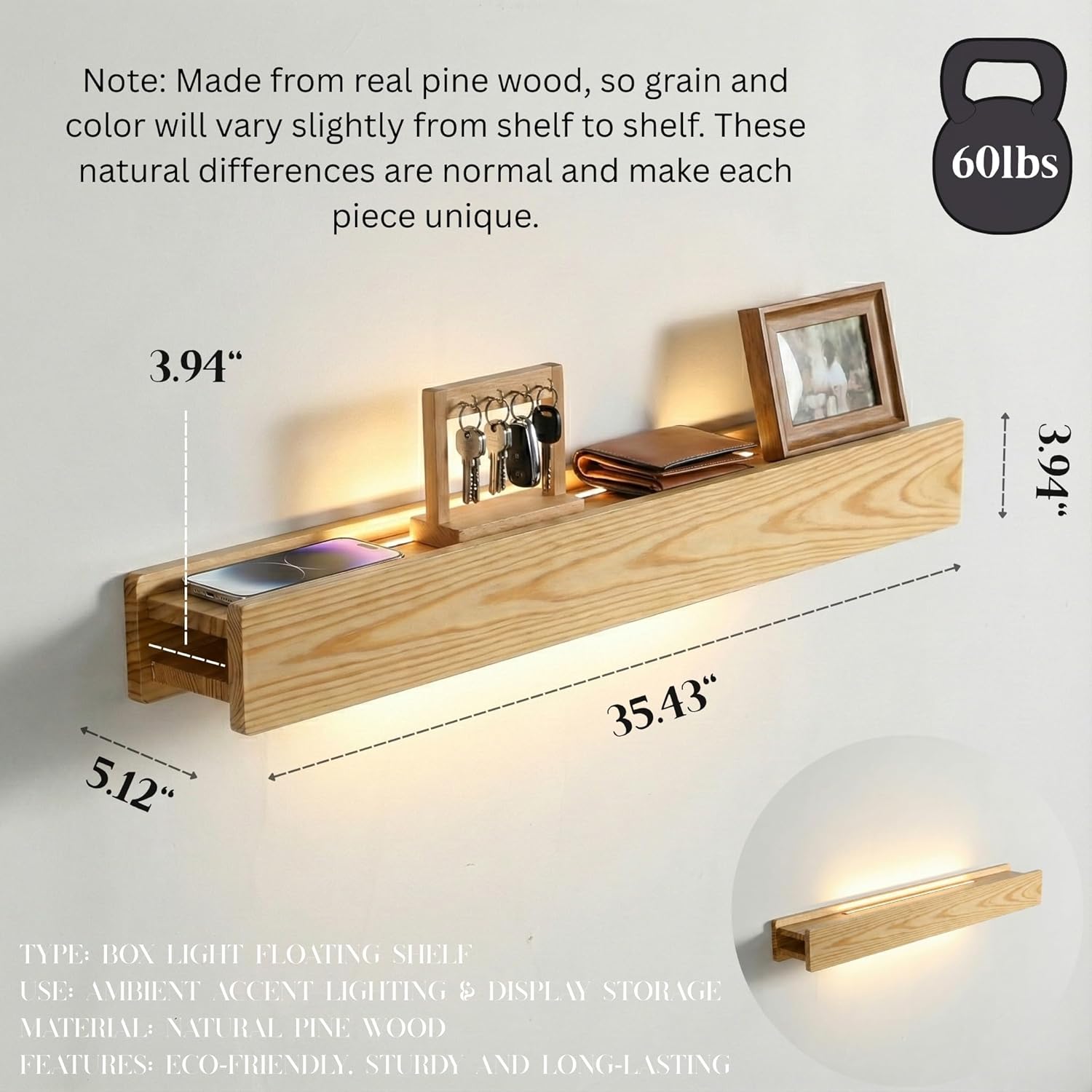 24" LED Picture Ledge Shelf – Modern Floating Wall Shelf for Photos & Art with Ambient Lighting