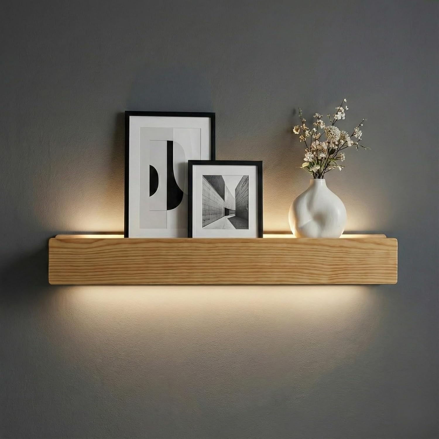 24" LED Picture Ledge Shelf – Modern Floating Wall Shelf for Photos & Art with Ambient Lighting