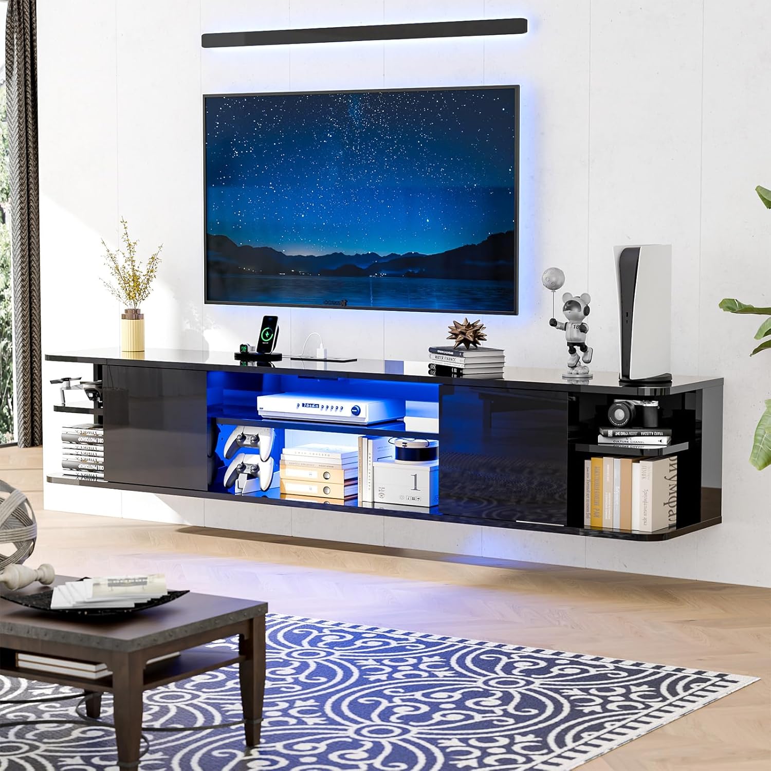 63" Smart LED Floating TV Console – Modern Wall Mounted TV Stand with RGB Lighting
