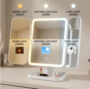 LED Tri-Fold Makeup Mirror - Lighted Vanity Mirror for Bedroom, Dressing Table & Beauty Room