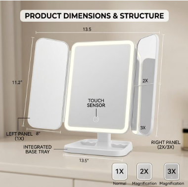 LED Tri-Fold Makeup Mirror - Lighted Vanity Mirror for Bedroom, Dressing Table & Beauty Room