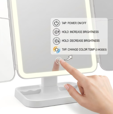 LED Tri-Fold Makeup Mirror - Lighted Vanity Mirror for Bedroom, Dressing Table & Beauty Room
