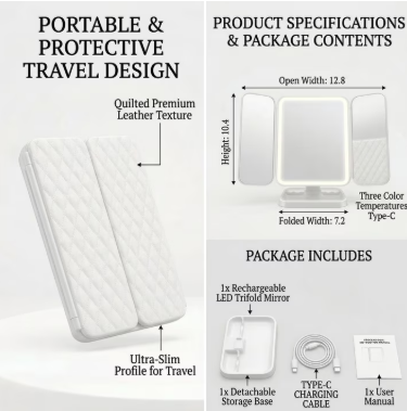 LED Tri-Fold Makeup Mirror - Lighted Vanity Mirror for Bedroom, Dressing Table & Beauty Room